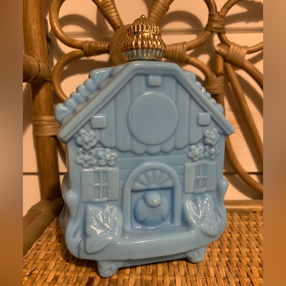 Vintage Avon Blue Ceramic Birdhouse Cologne Bottle